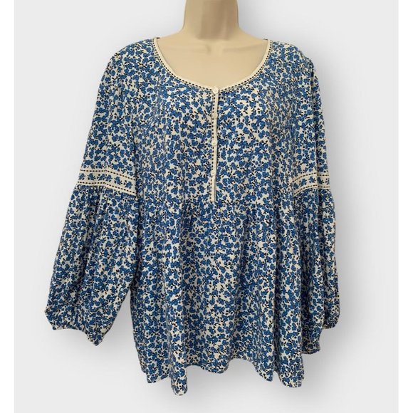 Max Studio L Top Blue White Floral Peasant Tunic Empire - Picture 1 of 4